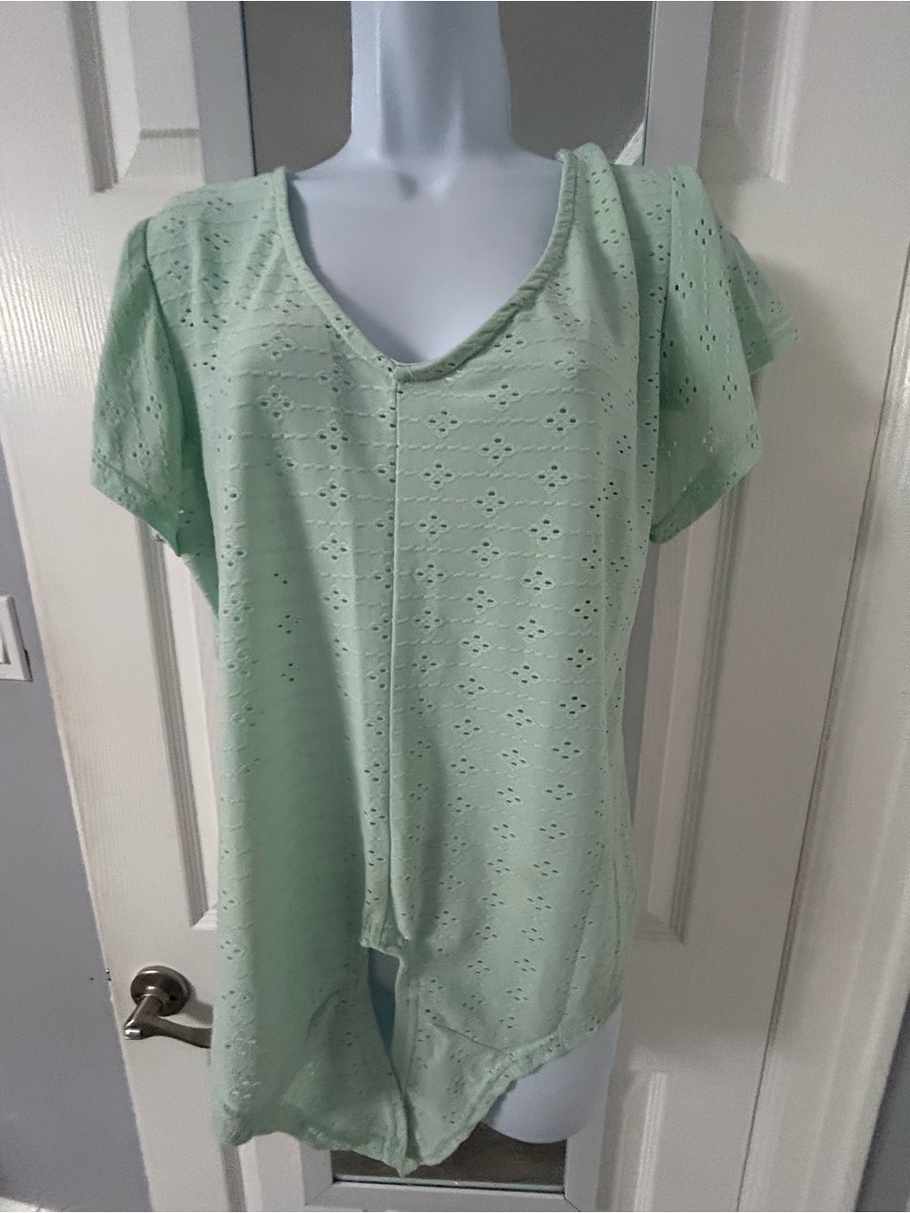 Mint Eyelet Short Sleeve V-Neck Top - Lightweight Casual Tee